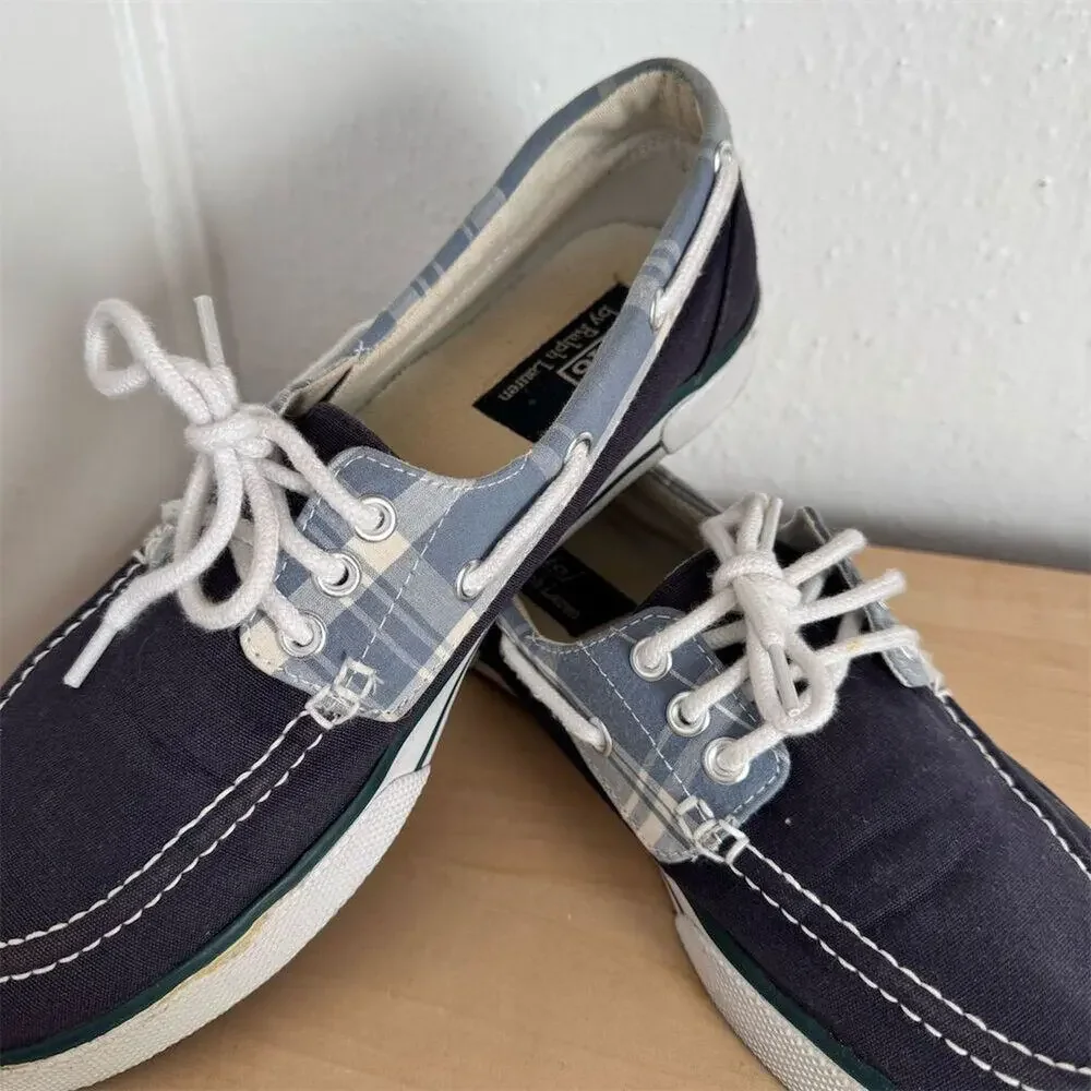 Polo by Ralph Lauren Mens Blue Plaid Boat Shoes Canvas Size 8.5 Casual Loafer